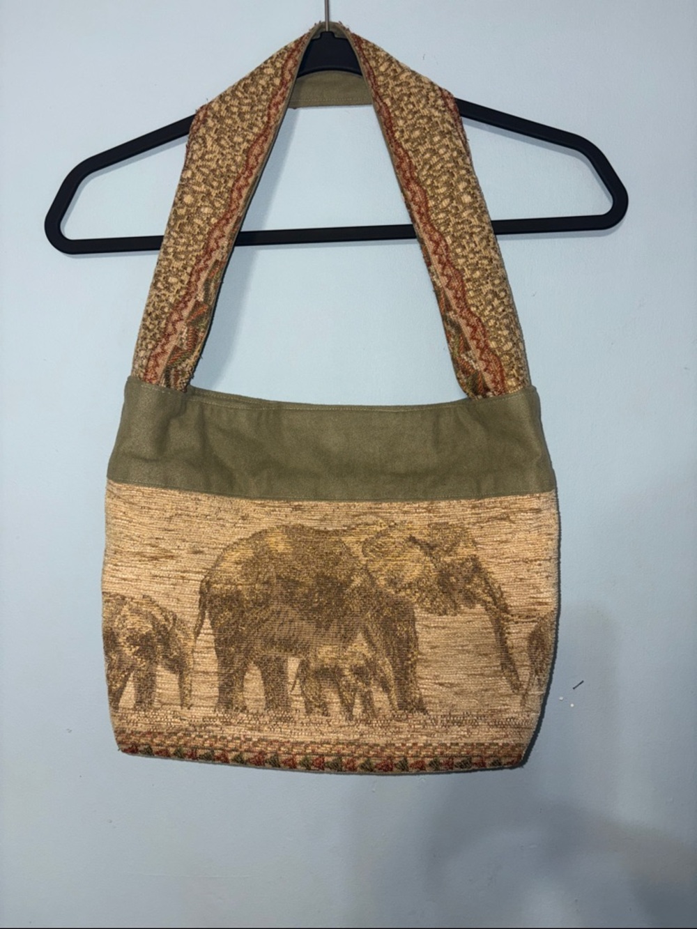 Elephant Tapestry Shoulder Bag in Olive and Tan
